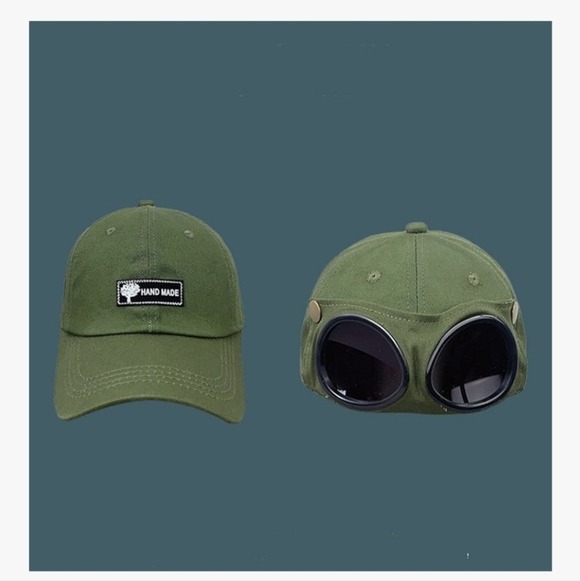Handmade Baseball Cap With Attached Sunglasses Khaki Green OS - Picture 10 of 15